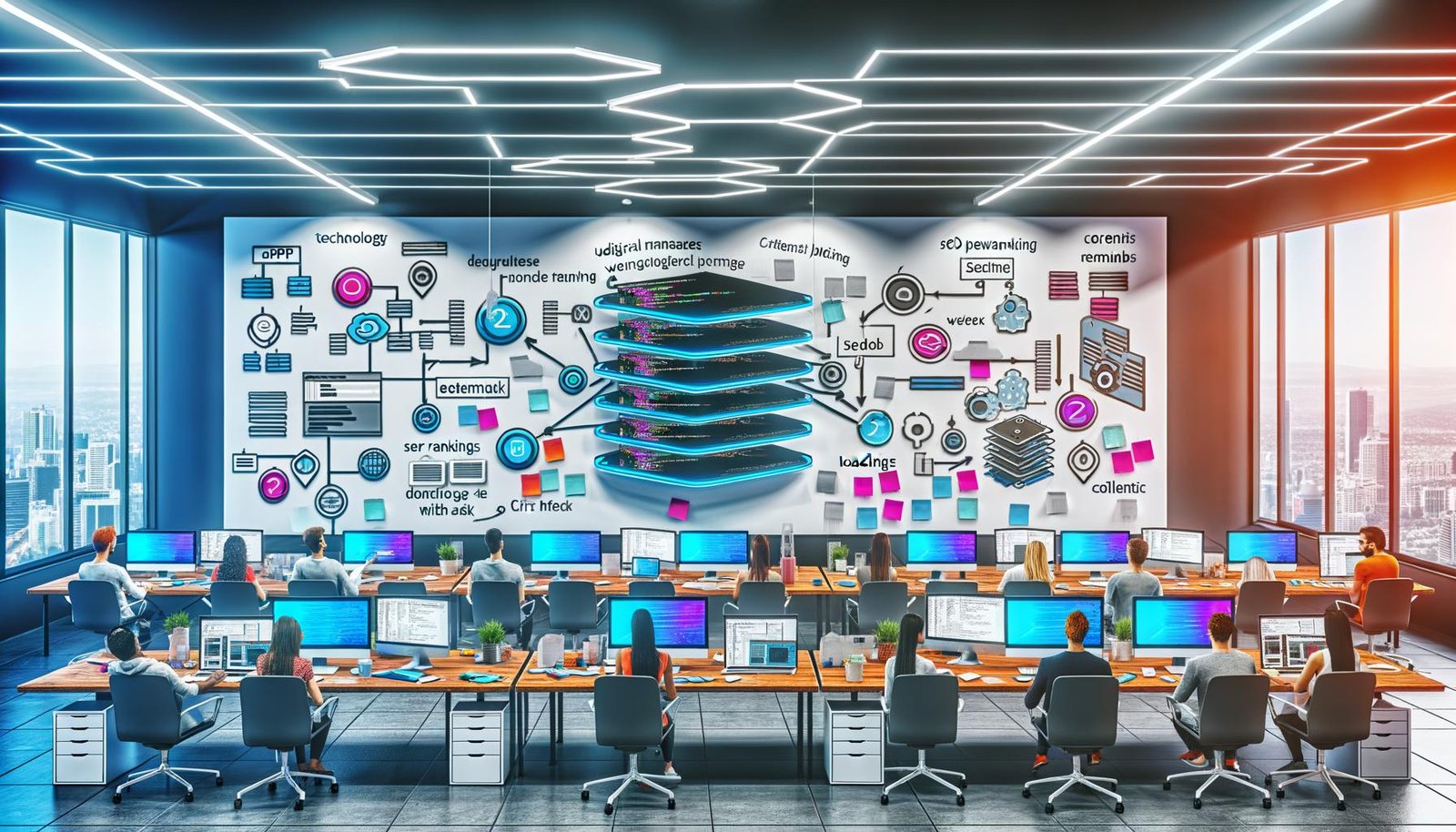 Futuristisches Büro mit Entwickler:innen und Content-Managern, die an Laptops und großen Bildschirmen arbeiten, Whiteboard mit drei Säulen zu Technologie, Workflow und SEO, Headless-CMS-Code und SEO-Tool sichtbar.