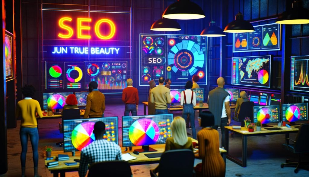 Urban gekleidete Marketer und SEO-Experten analysieren in einem modernen Workspace vor riesigen Monitoren SEO-Heatmaps und Datengrafiken. Im Hintergrund leuchtet ein provokanter Screen mit dem Titel 'SEO Jun True Beauty'.