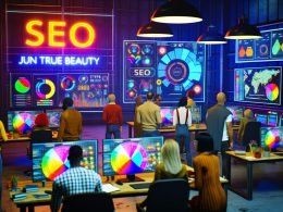 Urban gekleidete Marketer und SEO-Experten analysieren in einem modernen Workspace vor riesigen Monitoren SEO-Heatmaps und Datengrafiken. Im Hintergrund leuchtet ein provokanter Screen mit dem Titel 'SEO Jun True Beauty'.