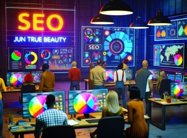 Urban gekleidete Marketer und SEO-Experten analysieren in einem modernen Workspace vor riesigen Monitoren SEO-Heatmaps und Datengrafiken. Im Hintergrund leuchtet ein provokanter Screen mit dem Titel 'SEO Jun True Beauty'.