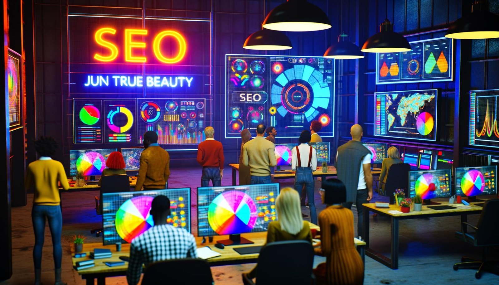 Urban gekleidete Marketer und SEO-Experten analysieren in einem modernen Workspace vor riesigen Monitoren SEO-Heatmaps und Datengrafiken. Im Hintergrund leuchtet ein provokanter Screen mit dem Titel 'SEO Jun True Beauty'.