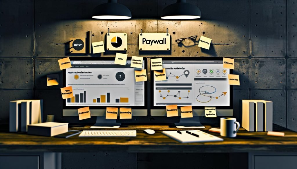 Moderner Arbeitsplatz mit Dual-Monitoren, Paywall- und Analyse-Tools, rechtlichen DSGVO-Unterlagen und Notizen zu Content-Monetarisierung.