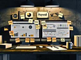 Moderner Arbeitsplatz mit Dual-Monitoren, Paywall- und Analyse-Tools, rechtlichen DSGVO-Unterlagen und Notizen zu Content-Monetarisierung.
