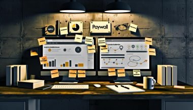 Moderner Arbeitsplatz mit Dual-Monitoren, Paywall- und Analyse-Tools, rechtlichen DSGVO-Unterlagen und Notizen zu Content-Monetarisierung.