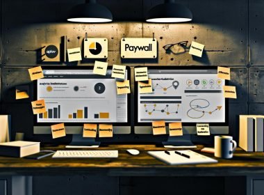 Moderner Arbeitsplatz mit Dual-Monitoren, Paywall- und Analyse-Tools, rechtlichen DSGVO-Unterlagen und Notizen zu Content-Monetarisierung.