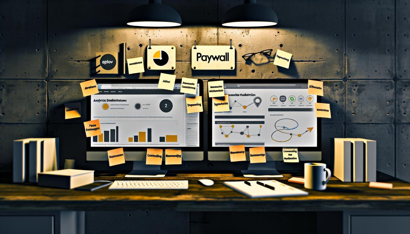 Moderner Arbeitsplatz mit Dual-Monitoren, Paywall- und Analyse-Tools, rechtlichen DSGVO-Unterlagen und Notizen zu Content-Monetarisierung.