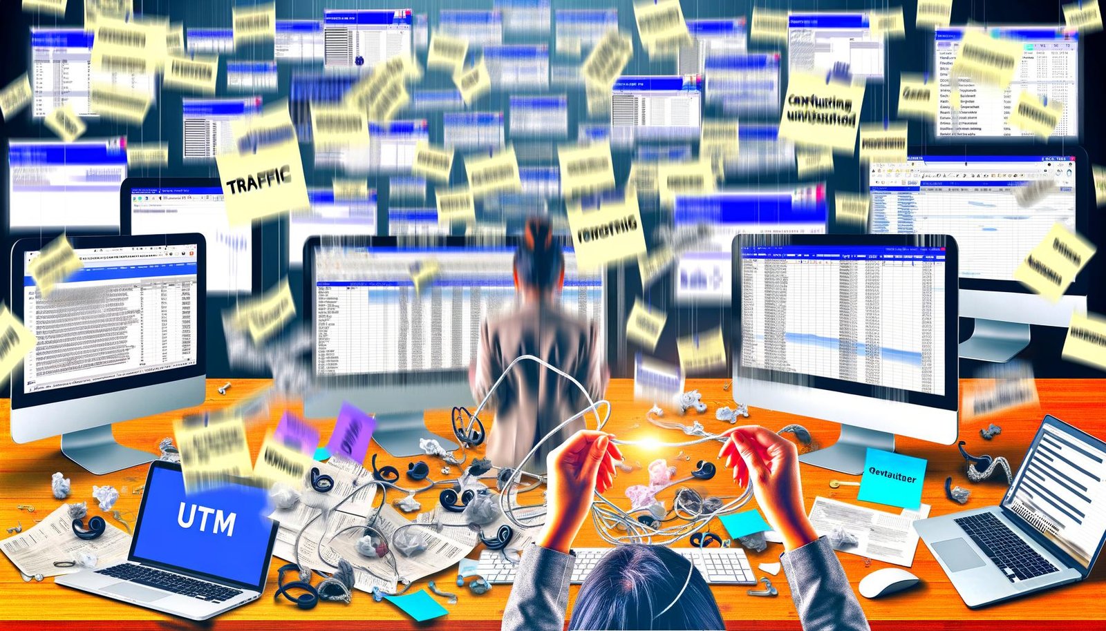 Digitale Collage eines hektischen Marketing-Arbeitsplatzes mit offenen Tabs, Tabellen, Notizen und einem UTM-Kabel, das für Ordnung im Datenchaos sorgt.