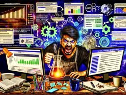 Stilisierte Illustration: Entschlossener Blogger an einem chaotischen Schreibtisch, umgeben von digitalen Dashboards, Werbeanzeigen, Affiliate-Links, Geldsymbolen und Optimierungs-Icons in energischer, moderner Atmosphäre.