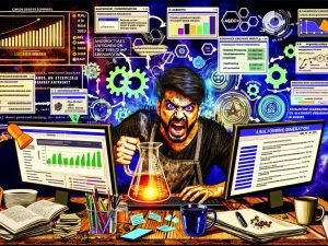 Stilisierte Illustration: Entschlossener Blogger an einem chaotischen Schreibtisch, umgeben von digitalen Dashboards, Werbeanzeigen, Affiliate-Links, Geldsymbolen und Optimierungs-Icons in energischer, moderner Atmosphäre.