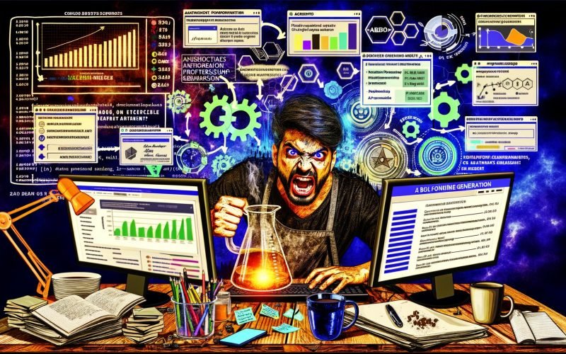 Stilisierte Illustration: Entschlossener Blogger an einem chaotischen Schreibtisch, umgeben von digitalen Dashboards, Werbeanzeigen, Affiliate-Links, Geldsymbolen und Optimierungs-Icons in energischer, moderner Atmosphäre.