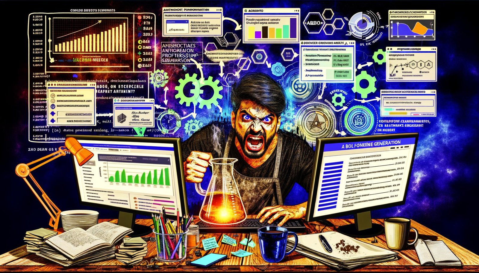 Stilisierte Illustration: Entschlossener Blogger an einem chaotischen Schreibtisch, umgeben von digitalen Dashboards, Werbeanzeigen, Affiliate-Links, Geldsymbolen und Optimierungs-Icons in energischer, moderner Atmosphäre.