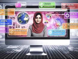 Moderne Webdesignerin vor Desktop-Monitor mit verschiedenen Bilddateien und schwebenden SEO-Elementen wie Alt-Tag, Dateiname, WebP/AVIF, Structured Data, Responsive Images und Komprimierung, im cleanen, technischen Design.