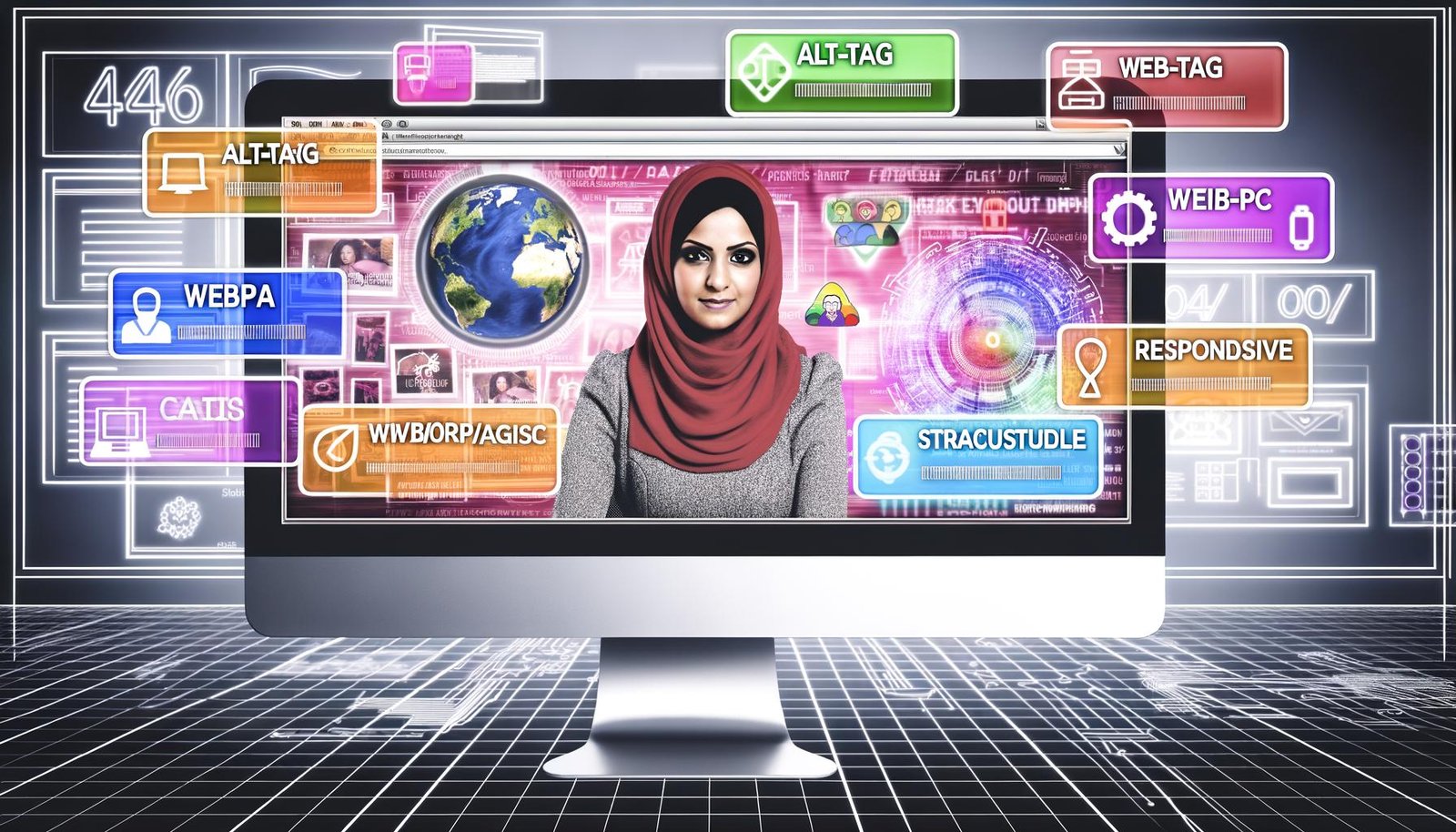 Moderne Webdesignerin vor Desktop-Monitor mit verschiedenen Bilddateien und schwebenden SEO-Elementen wie Alt-Tag, Dateiname, WebP/AVIF, Structured Data, Responsive Images und Komprimierung, im cleanen, technischen Design.