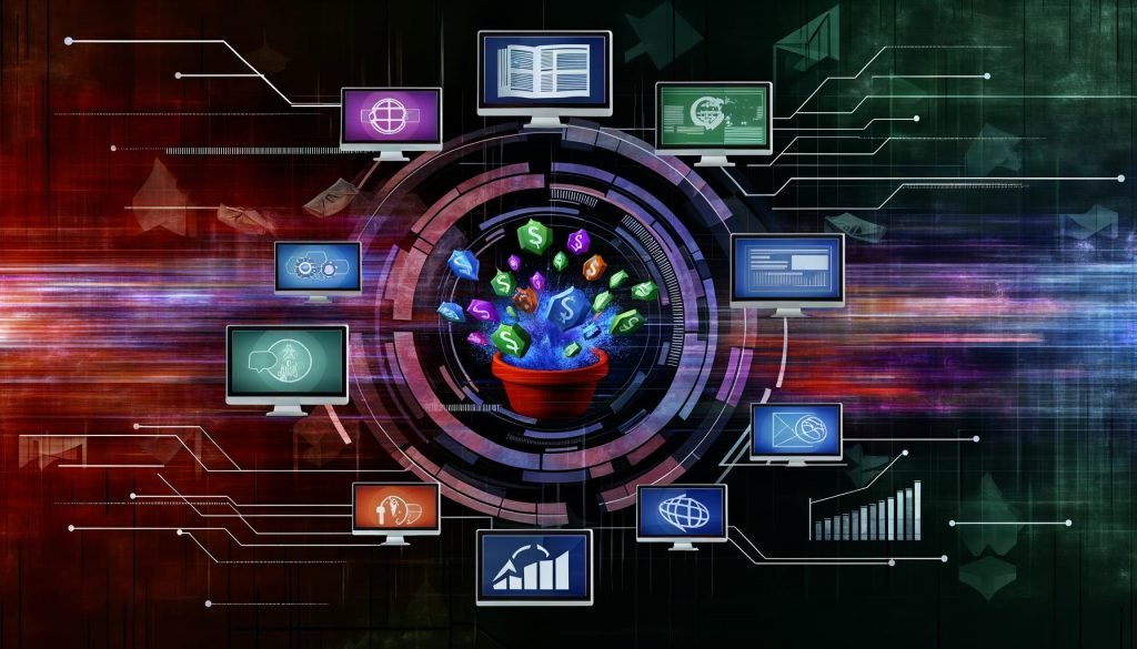 Dynamische Illustration einer digitalen Schaltzentrale mit Dashboard, Monetarisierungsmodellen, Traffic-Quellen und Datenströmen.