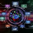Dynamische Illustration einer digitalen Schaltzentrale mit Dashboard, Monetarisierungsmodellen, Traffic-Quellen und Datenströmen.