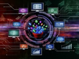 Dynamische Illustration einer digitalen Schaltzentrale mit Dashboard, Monetarisierungsmodellen, Traffic-Quellen und Datenströmen.