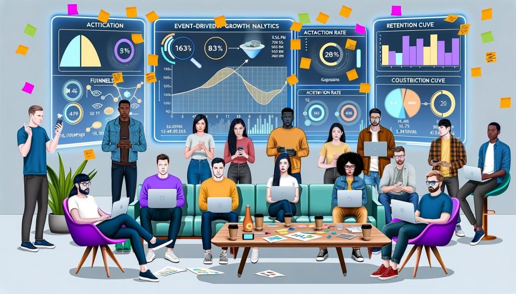 Diverse Gruppe eines modernen Growth-Teams in legerer Kleidung in einem futuristischen Büro, umgeben von holografischen Analyse-Screens mit Funnels, Kohortendiagrammen und Kundenerlebnis-Dashboards, zwischen Laptops, Haftnotizen und Kaffeetassen