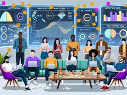 Diverse Gruppe eines modernen Growth-Teams in legerer Kleidung in einem futuristischen Büro, umgeben von holografischen Analyse-Screens mit Funnels, Kohortendiagrammen und Kundenerlebnis-Dashboards, zwischen Laptops, Haftnotizen und Kaffeetassen