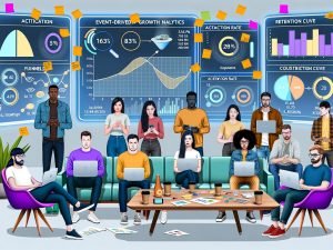 Diverse Gruppe eines modernen Growth-Teams in legerer Kleidung in einem futuristischen Büro, umgeben von holografischen Analyse-Screens mit Funnels, Kohortendiagrammen und Kundenerlebnis-Dashboards, zwischen Laptops, Haftnotizen und Kaffeetassen