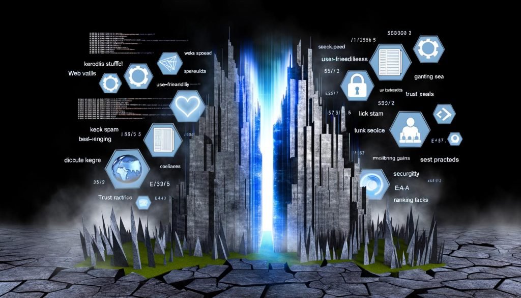 Hyperrealistisches Bild einer modernen Website als Wolkenkratzer mit Core Web Vitals und einem kargen Feld aus zerfallenden SEO-Taktiken, umgeben von Code, Datenströmen und E-E-A-T-Symbolen, digitaler Urban-Charme.