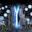 Hyperrealistisches Bild einer modernen Website als Wolkenkratzer mit Core Web Vitals und einem kargen Feld aus zerfallenden SEO-Taktiken, umgeben von Code, Datenströmen und E-E-A-T-Symbolen, digitaler Urban-Charme.