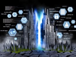 Hyperrealistisches Bild einer modernen Website als Wolkenkratzer mit Core Web Vitals und einem kargen Feld aus zerfallenden SEO-Taktiken, umgeben von Code, Datenströmen und E-E-A-T-Symbolen, digitaler Urban-Charme.