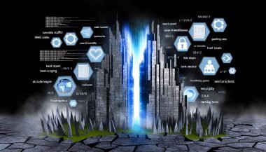 Hyperrealistisches Bild einer modernen Website als Wolkenkratzer mit Core Web Vitals und einem kargen Feld aus zerfallenden SEO-Taktiken, umgeben von Code, Datenströmen und E-E-A-T-Symbolen, digitaler Urban-Charme.