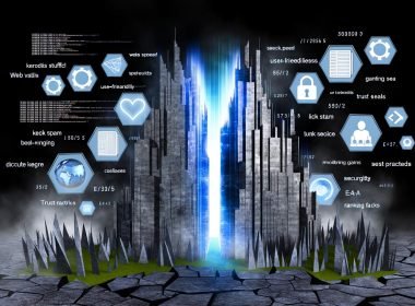 Hyperrealistisches Bild einer modernen Website als Wolkenkratzer mit Core Web Vitals und einem kargen Feld aus zerfallenden SEO-Taktiken, umgeben von Code, Datenströmen und E-E-A-T-Symbolen, digitaler Urban-Charme.