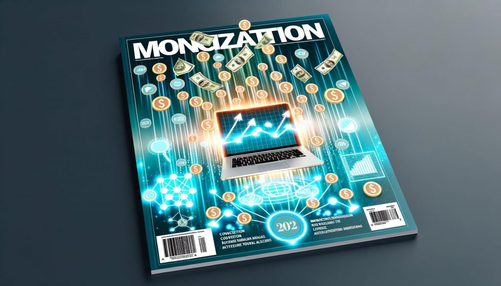 Digitales Magazin-Cover mit Laptop, fliegenden Geld- und Netzwerk-Icons sowie Banner mit Monetarisierung 2025, in moderner Farbgestaltung.