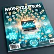 Digitales Magazin-Cover mit Laptop, fliegenden Geld- und Netzwerk-Icons sowie Banner mit Monetarisierung 2025, in moderner Farbgestaltung.