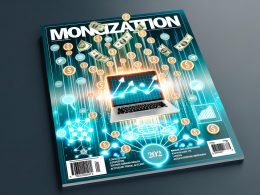 Digitales Magazin-Cover mit Laptop, fliegenden Geld- und Netzwerk-Icons sowie Banner mit Monetarisierung 2025, in moderner Farbgestaltung.