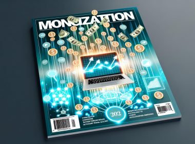 Digitales Magazin-Cover mit Laptop, fliegenden Geld- und Netzwerk-Icons sowie Banner mit Monetarisierung 2025, in moderner Farbgestaltung.