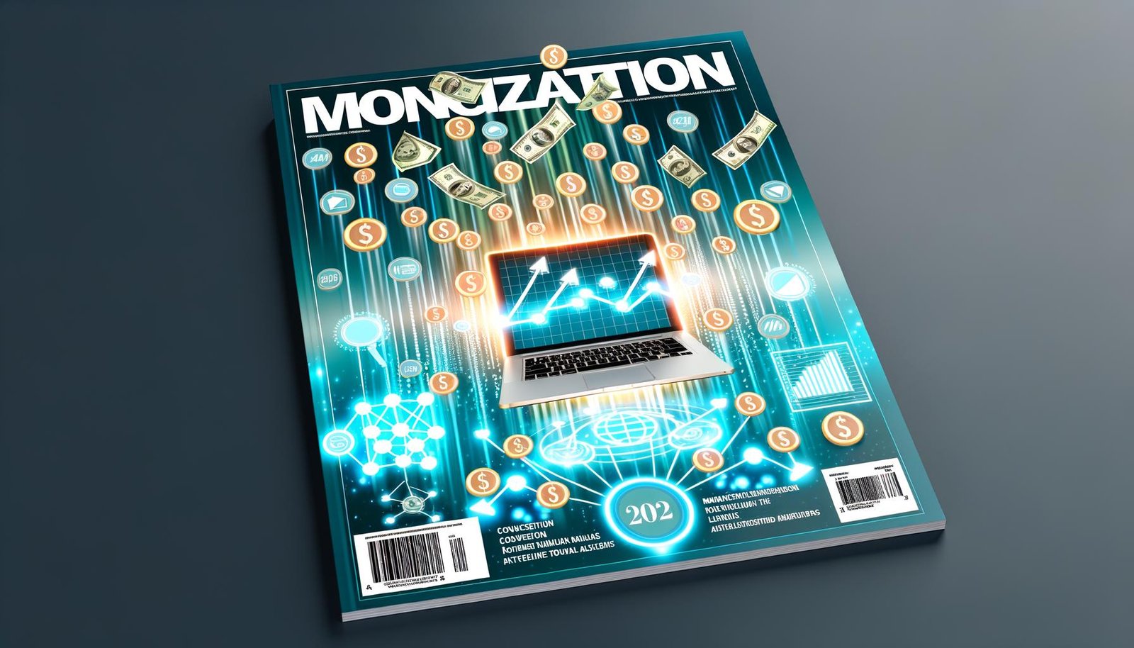 Digitales Magazin-Cover mit Laptop, fliegenden Geld- und Netzwerk-Icons sowie Banner mit Monetarisierung 2025, in moderner Farbgestaltung.