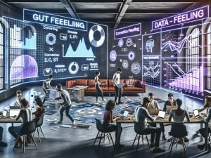 Junge Kreative in urbanem Loft-Büro, arbeiten an Laptops mit leuchtenden, holografischen Datenvisualisierungen zu Conversion Rate und User-Analytics.
