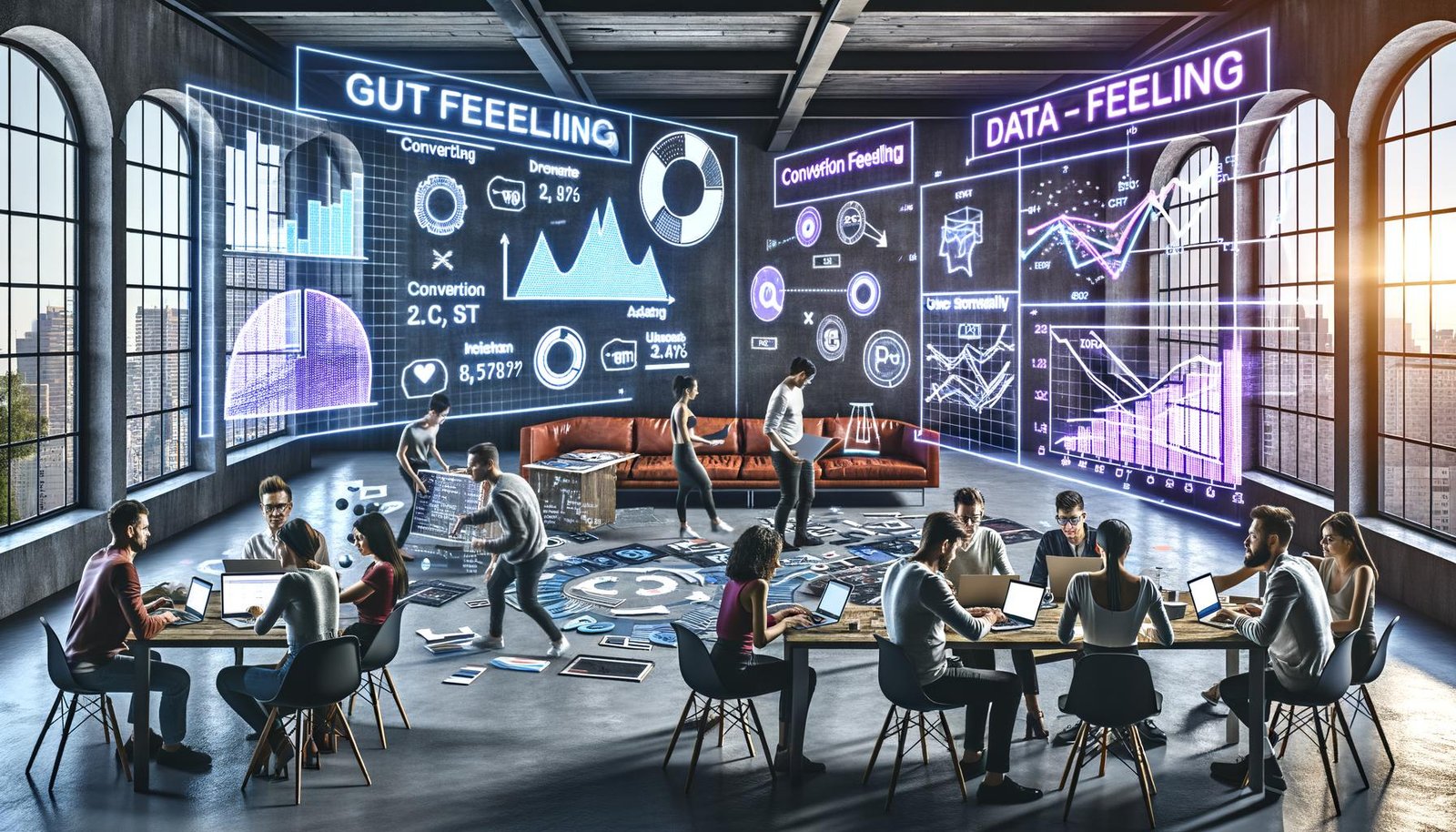 Junge Kreative in urbanem Loft-Büro, arbeiten an Laptops mit leuchtenden, holografischen Datenvisualisierungen zu Conversion Rate und User-Analytics.