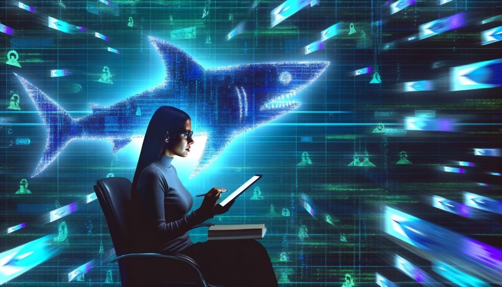 Stilisiertes Titelbild mit SEO-Experte, Tablet, digitaler Haifischflosse und komplexen Datenströmen vor neonblauem Hintergrund, flankiert von Suchmaschinen- und Ranking-Symbolen.