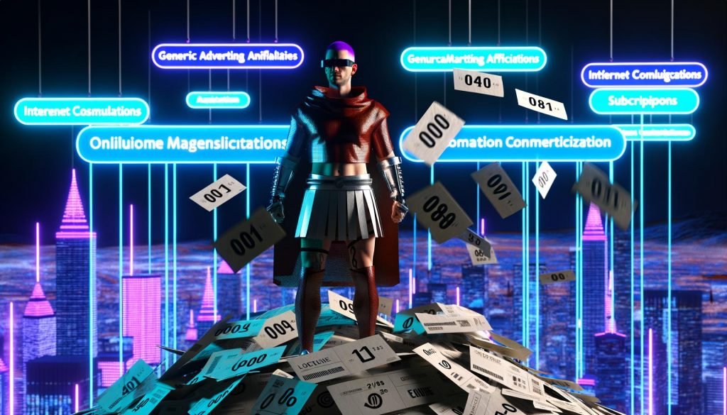 Illustration eines digitalen Gladiators in moderner Streetwear, der auf Werbung und Bannern steht und sie beiseite wirft, mit leuchtender futuristischer Stadt und Symbolen der Monetarisierung im Hintergrund.