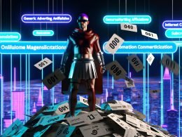 Illustration eines digitalen Gladiators in moderner Streetwear, der auf Werbung und Bannern steht und sie beiseite wirft, mit leuchtender futuristischer Stadt und Symbolen der Monetarisierung im Hintergrund.