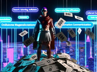 Illustration eines digitalen Gladiators in moderner Streetwear, der auf Werbung und Bannern steht und sie beiseite wirft, mit leuchtender futuristischer Stadt und Symbolen der Monetarisierung im Hintergrund.