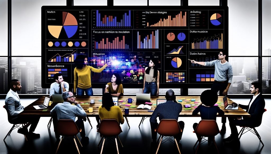 Marketingteam diskutiert vor digitalem Dashboard mit bunten Grafiken und Marketingkennzahlen im modernen Büro, während der Teamleiter auf Analysen hinweist.