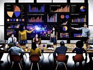Marketingteam diskutiert vor digitalem Dashboard mit bunten Grafiken und Marketingkennzahlen im modernen Büro, während der Teamleiter auf Analysen hinweist.