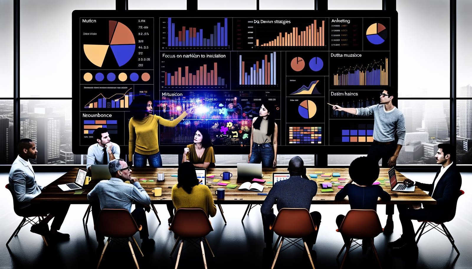 Marketingteam diskutiert vor digitalem Dashboard mit bunten Grafiken und Marketingkennzahlen im modernen Büro, während der Teamleiter auf Analysen hinweist.