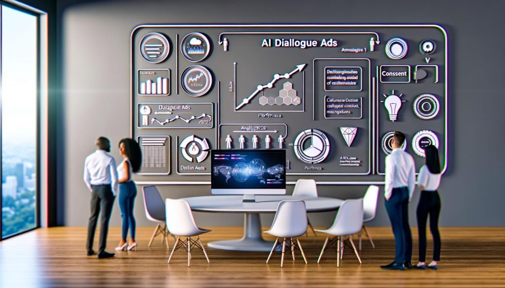 Moderner Schreibtisch mit Computerdisplay, Dashboard zu KI-Dialoganzeigen, Analytik-Grafiken, diverse Marketer und digitale Marketing-Symbole an der Wand.