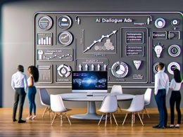 Moderner Schreibtisch mit Computerdisplay, Dashboard zu KI-Dialoganzeigen, Analytik-Grafiken, diverse Marketer und digitale Marketing-Symbole an der Wand.