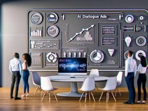 Moderner Schreibtisch mit Computerdisplay, Dashboard zu KI-Dialoganzeigen, Analytik-Grafiken, diverse Marketer und digitale Marketing-Symbole an der Wand.