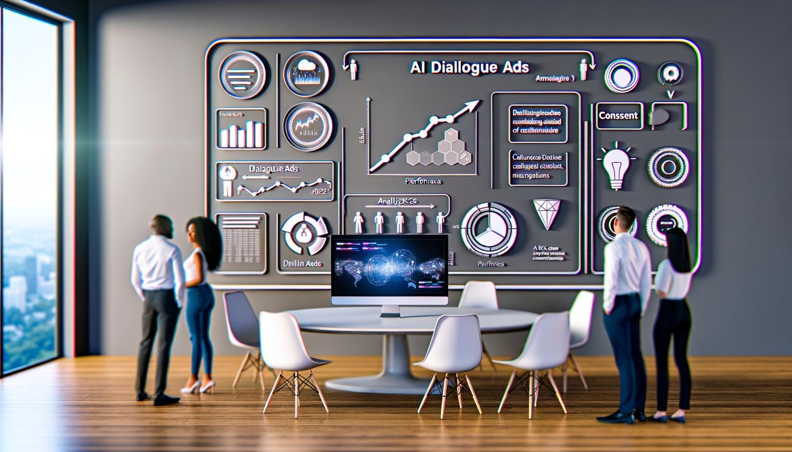 Moderner Schreibtisch mit Computerdisplay, Dashboard zu KI-Dialoganzeigen, Analytik-Grafiken, diverse Marketer und digitale Marketing-Symbole an der Wand.