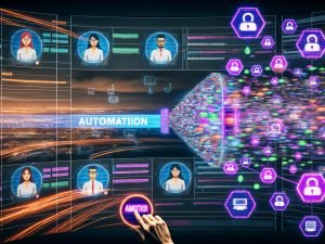 Ein modernes, neonbeleuchtetes Kontrollzentrum mit fokussierten Online-Marketing-Teams vor Daten-Dashboards und automatisierten Datenflüssen, während manuelle Prozesse verblassen.