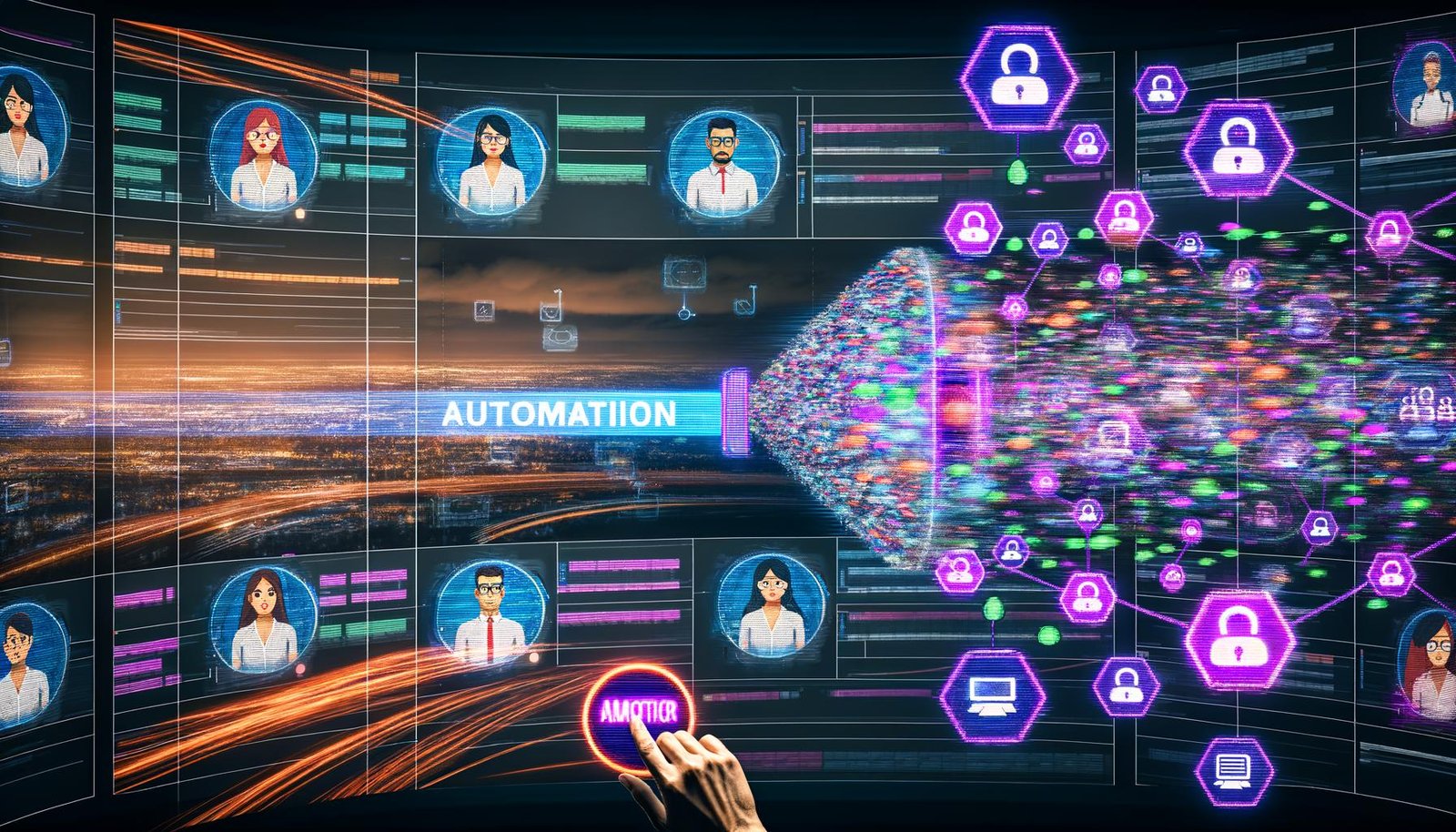 Ein modernes, neonbeleuchtetes Kontrollzentrum mit fokussierten Online-Marketing-Teams vor Daten-Dashboards und automatisierten Datenflüssen, während manuelle Prozesse verblassen.
