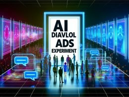 Futuristisches Marketing-Labor mit Transparent 'AI Dialoganzeigen Experiment', digitalen Interfaces und neonfarbenen Datenströmen, im Hintergrund Marketingleute und KI-Visualisierungen.