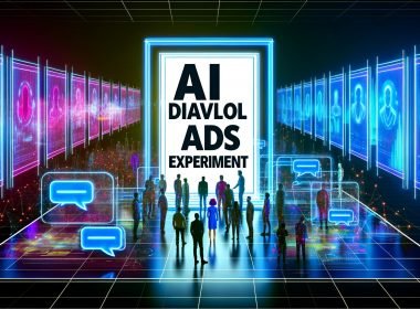 Futuristisches Marketing-Labor mit Transparent 'AI Dialoganzeigen Experiment', digitalen Interfaces und neonfarbenen Datenströmen, im Hintergrund Marketingleute und KI-Visualisierungen.